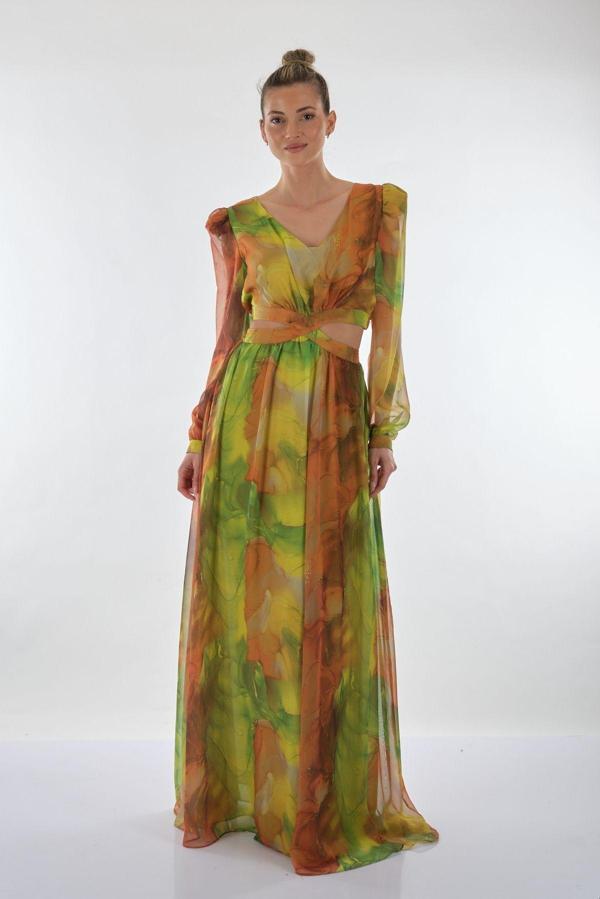 Explosion V Yaka Uzun Kol Maxi Şifon Elbise - Bohemian Stil - Image 1