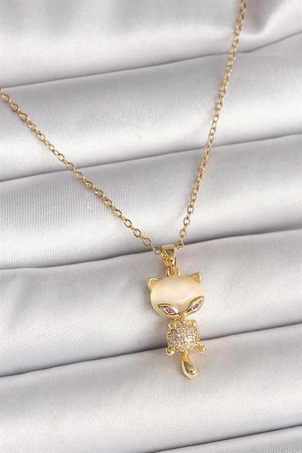 316L Çelik Gold Renk Zincir Zirkon Taşlı Kedi Model Kadın Kolye - Image 1