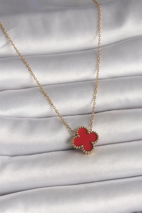 316L Çelik Gold Renk Kırmızı Yonca Model Kadın Kolye - Image 1