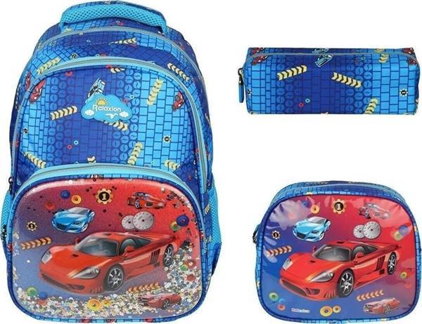 ARABA Kabartmalı Figürlü ve Pullu 3'lü Takım İlkokul Sırt Çantası Beslenme ve Kalemlikli RLX13 - Image 1