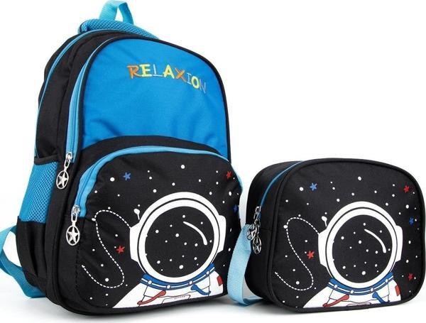 Astronot Figürlü Beslenme Çantalı İlkokul Sırt Çantası Siyah - Image 1
