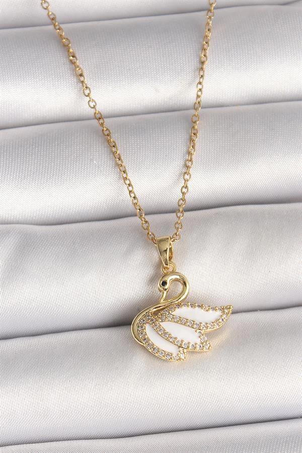 316L Çelik Gold Renk Zincir Zirkon Taşlı Kuğu Model Kadın Kolye - Image 1