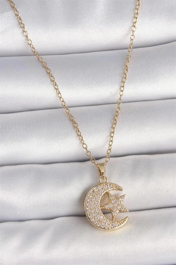 316L Çelik Gold Renk Zincir Zirkon Taşlı Ay Yıldız Model Kadın Kolye - Image 1