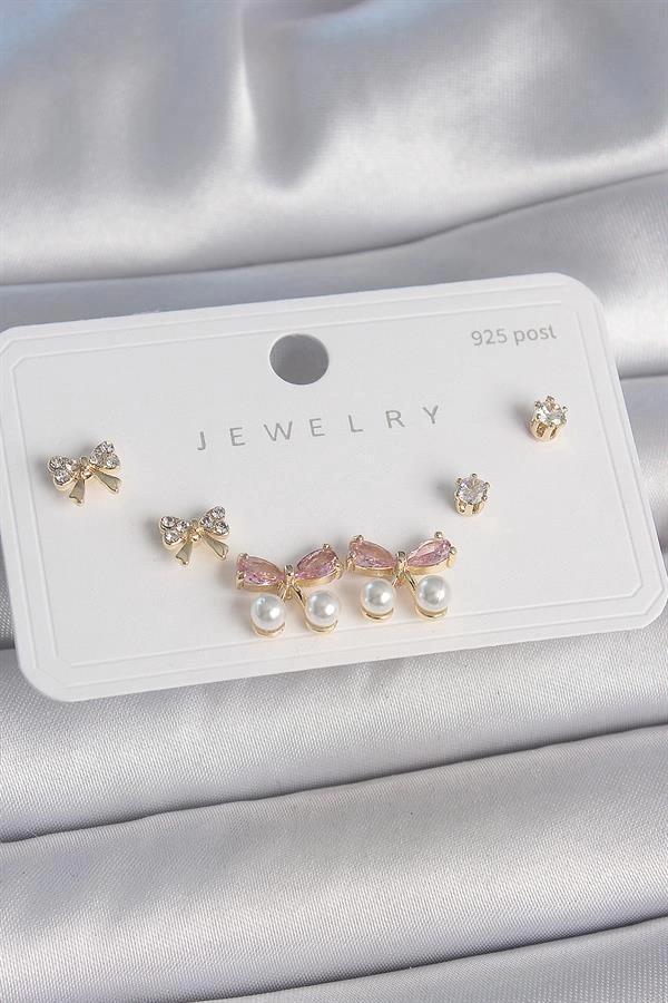 Pirinç Gold Renk Pembe Zirkon Taşlı Fiyonk Model İnci Detay 925 Ayar Gümüş Çivi Kadın Küpe Seti - Image 1