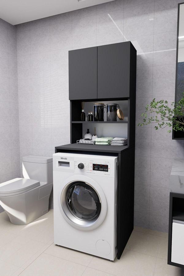 Mirobi Verani Çamaşır Makinesi Dolabı Banyo Kiler Çift Kapaklı Arkalıklı Dolap Antrasit 180X65X30 - Image 1