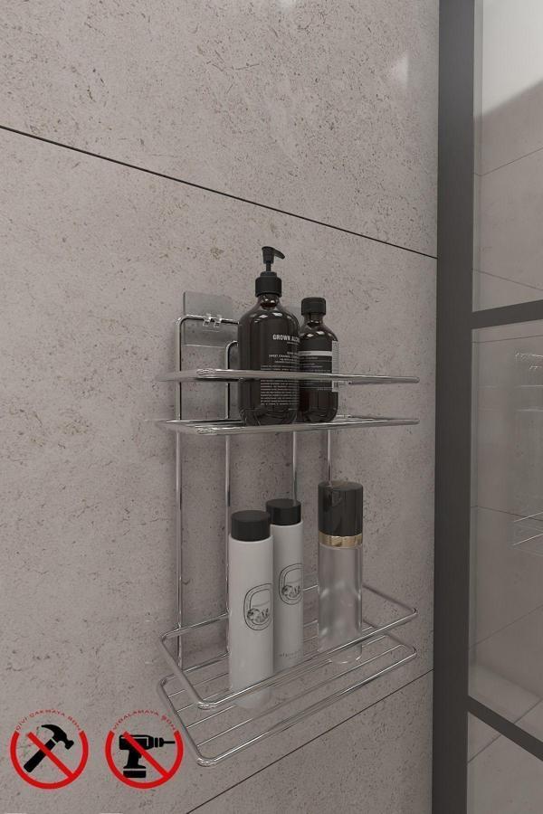 Ömür Boyu Paslanmaz Yapışkanlı Krom 2 Katlı Düz Banyo Şampuanlık Delmeye Son, Matkap Vida Yok - Image 1