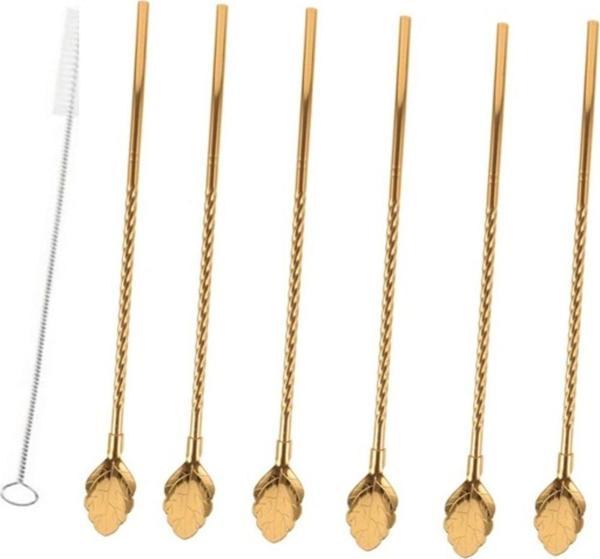 6'lı Paslanmaz Gold Pipetli Latte Kaşığı Kokteyl Kaşığı Ve Temizleme Fırçası, 22 Cm Yaprak Model - Image 1