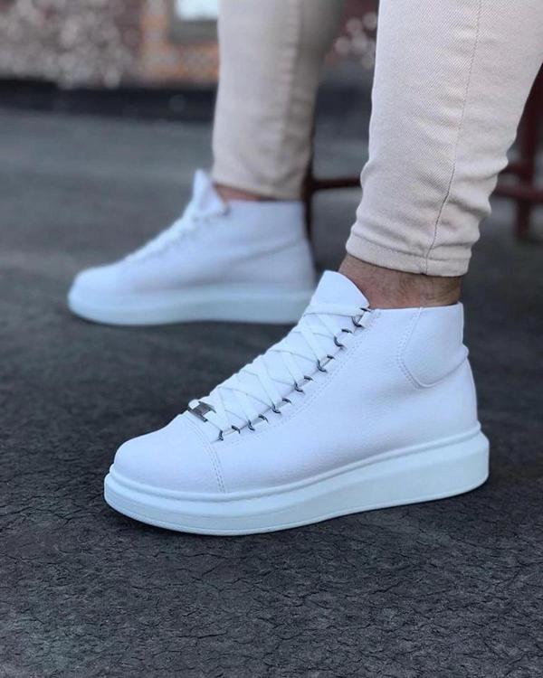 Beyaz Bağcıklı Sneakers  Yarım Bilek Bot - Image 1