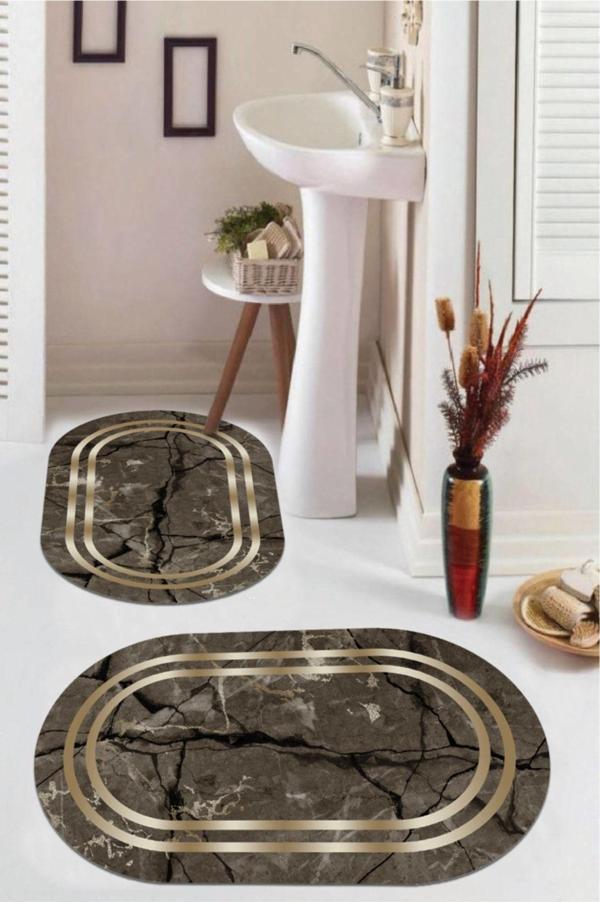 Kahverengi  Kaymaz Taban Çerçeve Oval Banyo Paspas Takım  BB-112 - Image 1