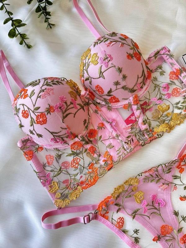 Miss Özel Tasarım Pembe Dantel İşlemeli Çiçek Desenli Destekli Bralet Takımı - Image 1