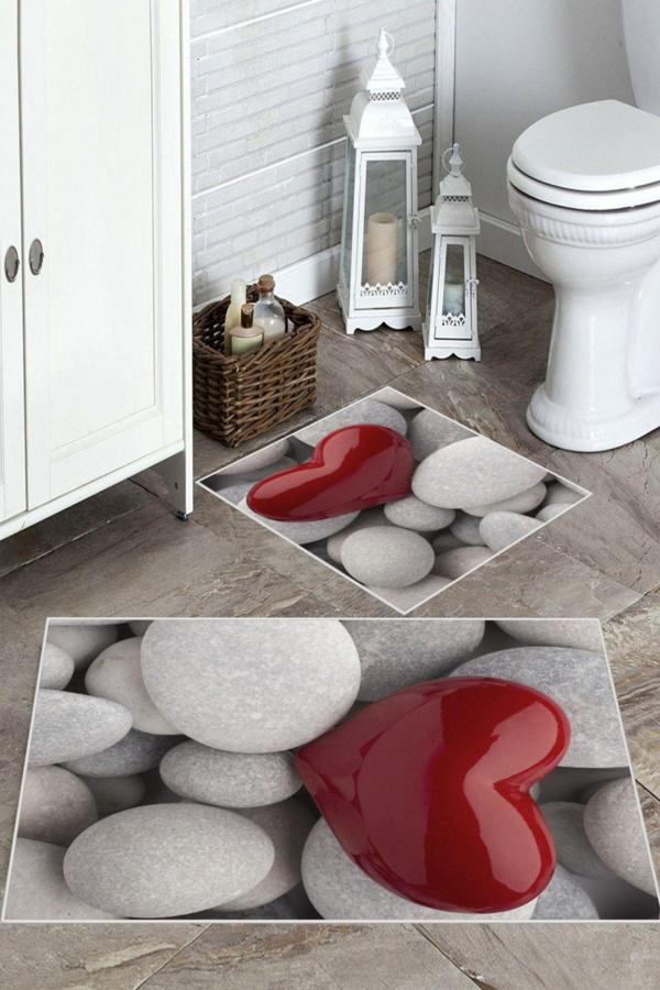 Gri-Kırmızı  Kaymaz Taban Kalp Banyo Paspas  BP-21 - Image 1