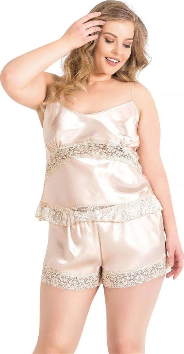 Miss Büyük Beden Fildişi Saten Babydoll Şort Takımı - Image 1