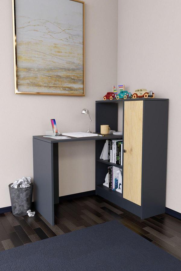 Mirobi Drithe Modern Dolaplı Kitaplıklı Çalışma Masası Antrasit-Çam - Image 1