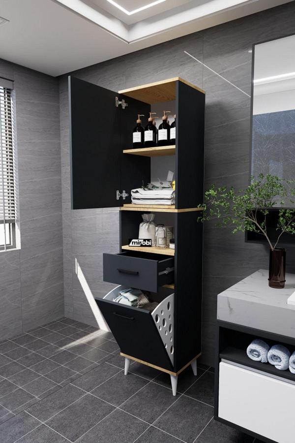 Mirobi Lula Çok Amaçlı Dolap Banyo Dolabı Kirli Çamaşır Sepeti Dolabı Antrasit - Image 1