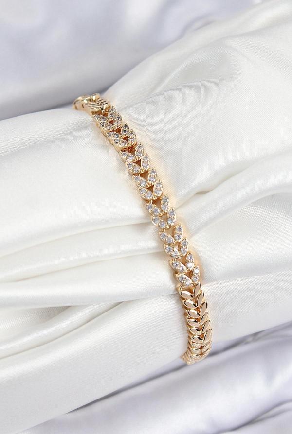 Pirinç Zirkon Taşlı Sıralı Yaprak Model Gold Renk Kadın Bileklik - EBJ250726W36799 - Image 1