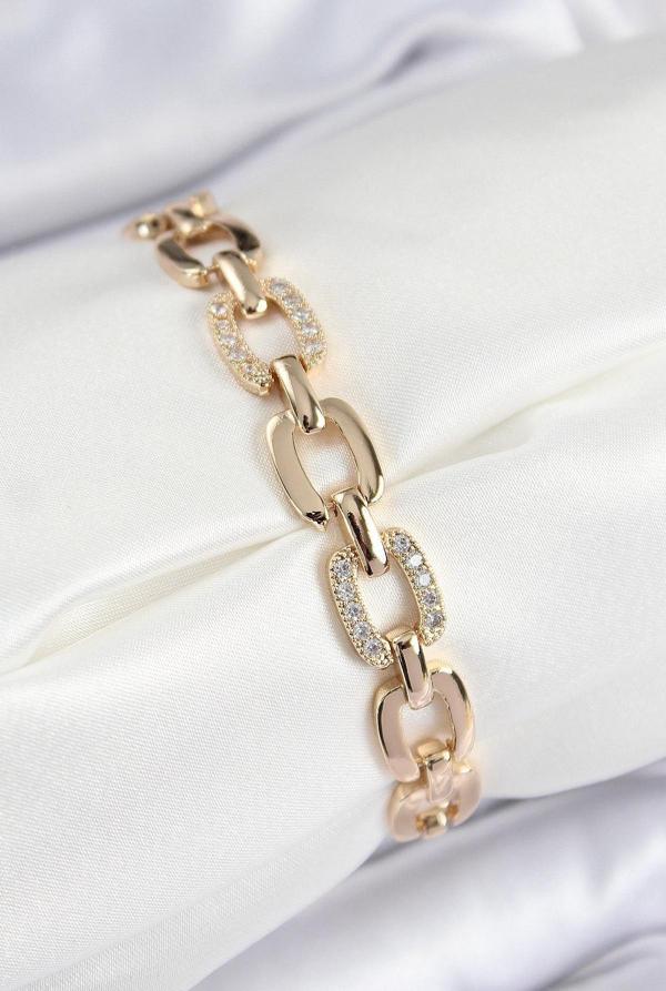 Pirinç Zirkon Taşlı Parçalı Zincir Model Gold Renk Kadın Bileklik - EBJ250726W36803 - Image 1