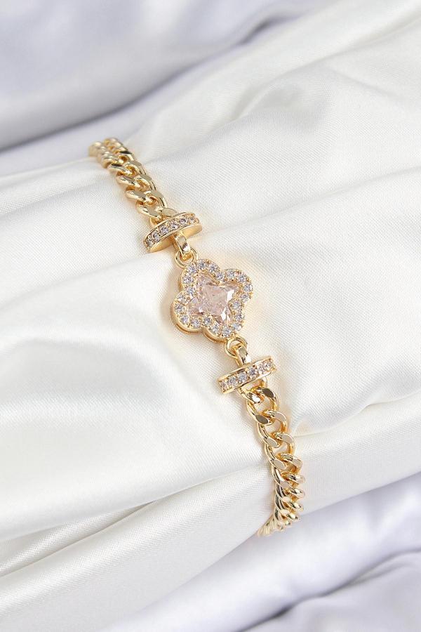 Pirinç Zirkon Taşlı Yonca Model Gold Renk Kadın Bileklik - EBJ250726W36805 - Image 1