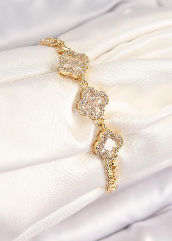 Pirinç Zirkon Taşlı Yonca Model Gold Renk Kadın Bileklik - EBJ250726W36813 - Image 1