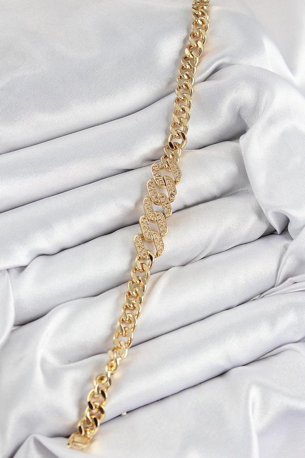 Pirinç Zirkon Taşlı Ezme Küba Zincir Model Gold Renk Kadın Bileklik - EBJ250726W36817 - Image 1