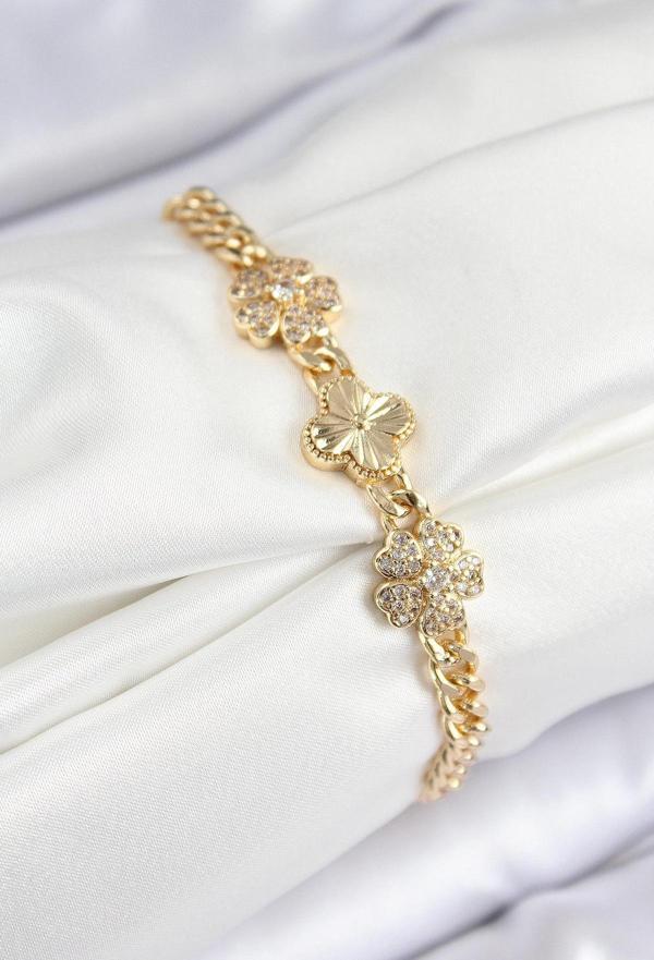 Pirinç Zirkon Taşlı Yonca Model Gold Renk Kadın Bileklik - EBJ250726W36825 - Image 1