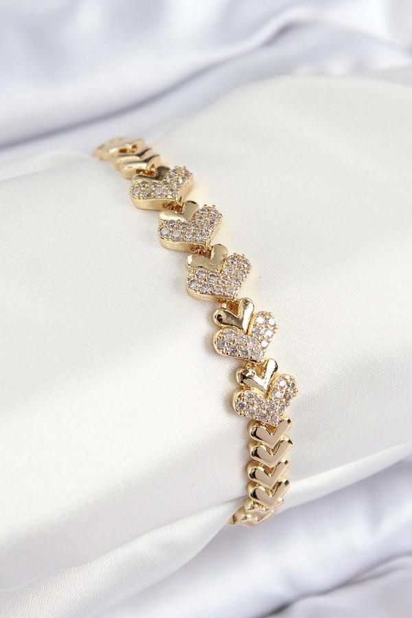 Pirinç Zirkon Taşlı Kalp Model Gold Renk Kadın Bileklik - EBJ250726W36830 - Image 1