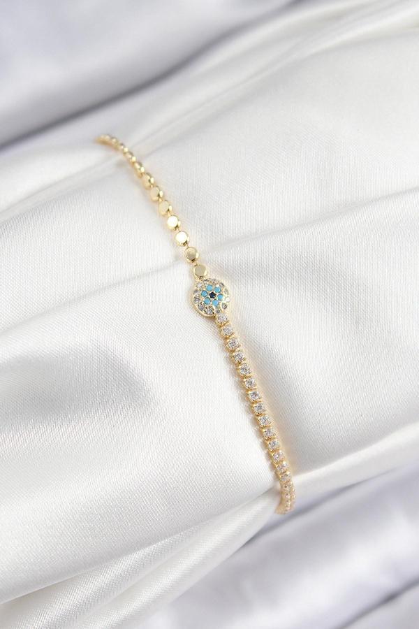 Pirinç Zirkon Taşlı Nazar Model Ezme Zincir Gold Renk Kadın Bileklik - EBJ250726W36885 - Image 1