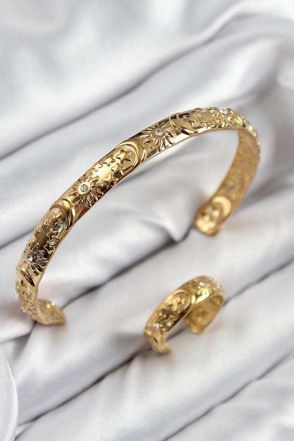 Pirinç Zirkon Taşlı Vintage Model Gold Renk Bileklik Yüzük Set - EBJ250726W36905 - Image 1