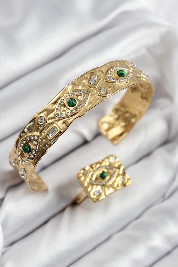 Pirinç Zirkon Taşlı Göz Model Gold Renk Bileklik Yüzük Set - EBJ250726W36910 - Image 1