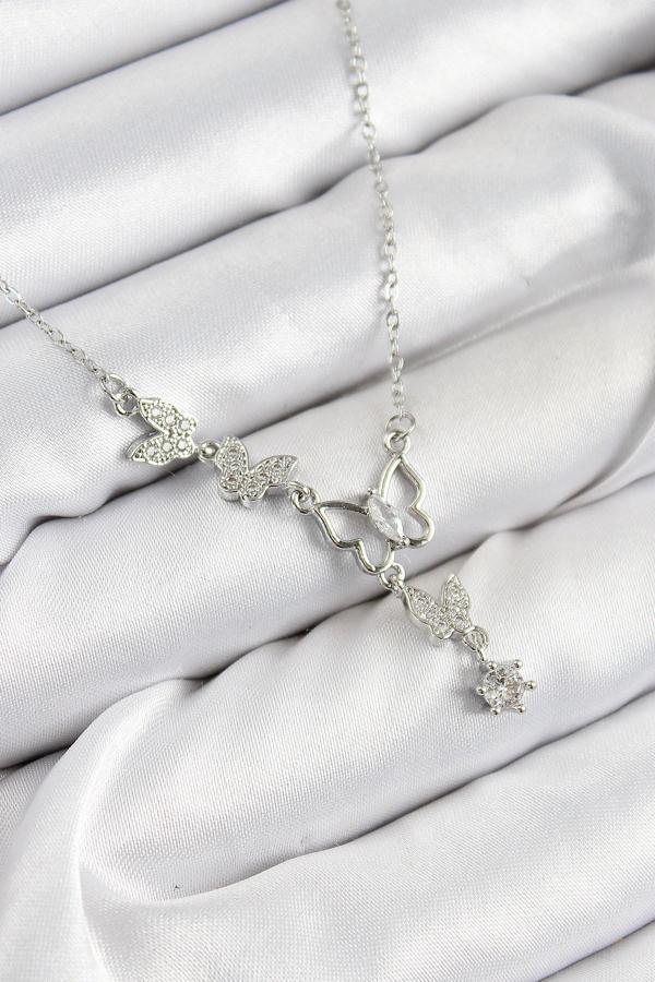 Zirkon Taşlı Kelebek Model Gümüş Renk Kadın Kolye - EBJ250726W36935 - Image 1
