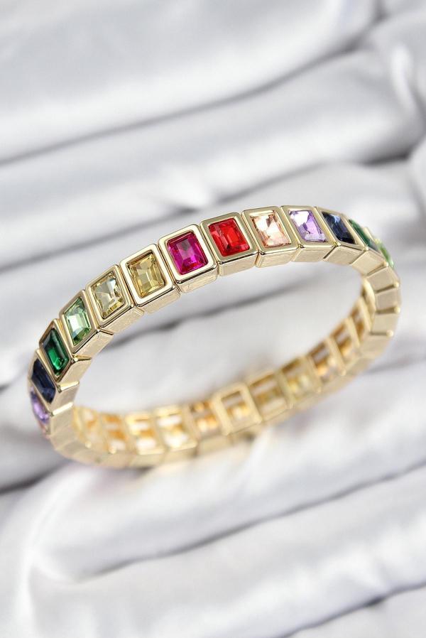 Pirinç Karışık Zirkon Taşlı Dikdörtgen Model Gold Renk Lastikli Kadın Bileklik - EBJ250726W36761 - Image 1