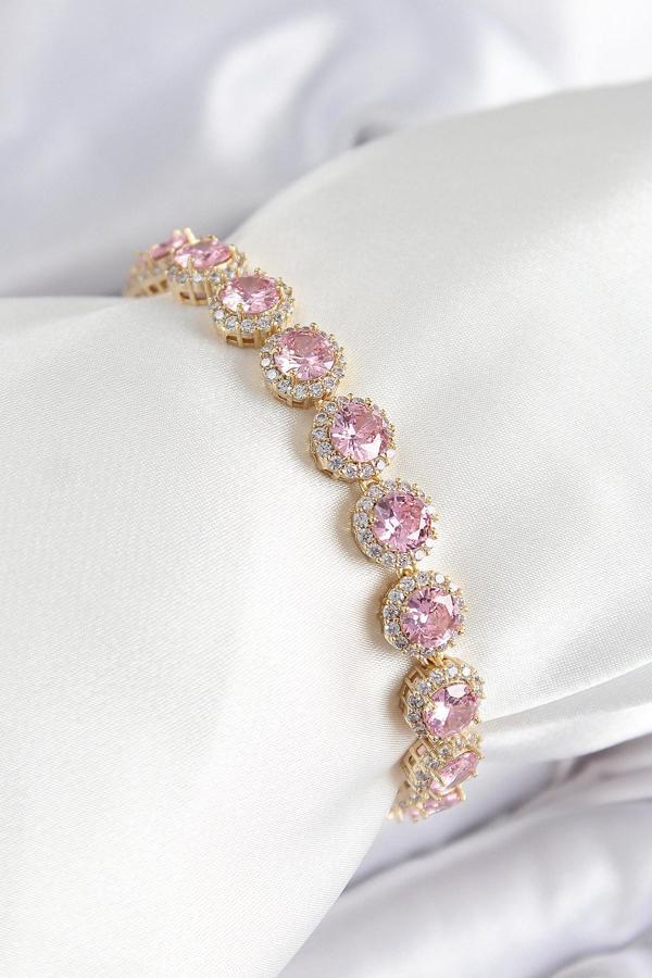 Pirinç Pembe Zirkon Taşlı Daire Baget Model Gold Renk VIP Seri Kadın Bileklik - EBJ250726W36780 - Image 1