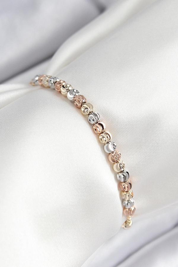 Pirinç Sıralı Boncuk Model Gold Gümüş Roz Renk Asansörlü Kadın Bileklik - EBJ250726W36662 - Image 1