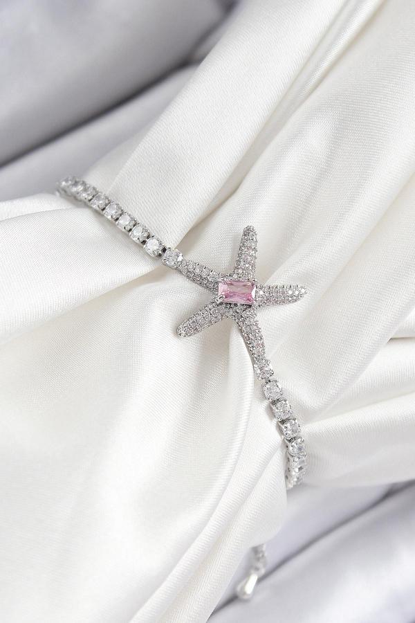 Pirinç Pembe Zirkon Taşlı Deniz Yıldızı Model Gümüş Renk Asansörlü Kadın Bileklik - EBJ250726W36665 - Image 1