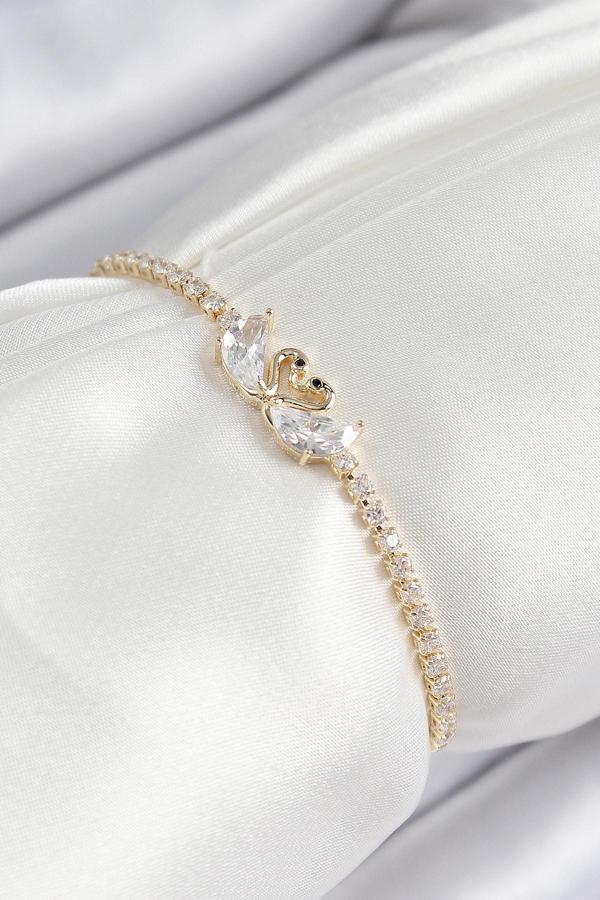 Pirinç Zirkon Taşlı Kuğu Model Gold Renk Asansörlü Kadın Bileklik - EBJ250726W36668 - Image 1
