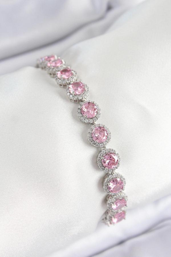 Pirinç Pembe Zirkon Taşlı Daire Baget Model Gümüş Renk VIP Seri Kadın Bileklik - EBJ250726W36779 - Image 1