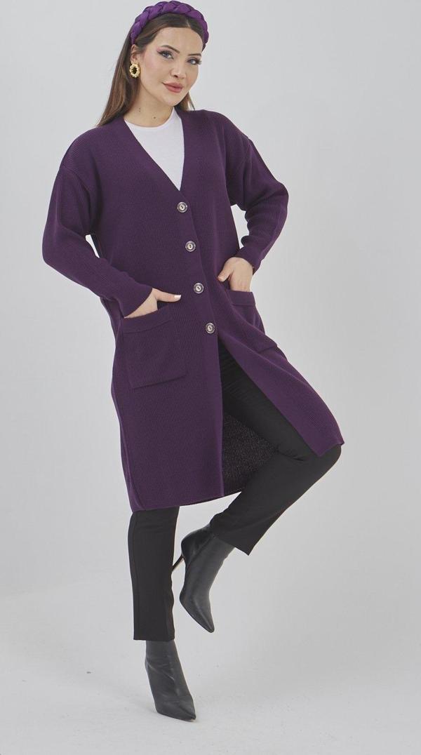 Kadın Uzun Triko Mevsimlik Cepli Düğmeli Likralı Hırka 57997519 - Image 1