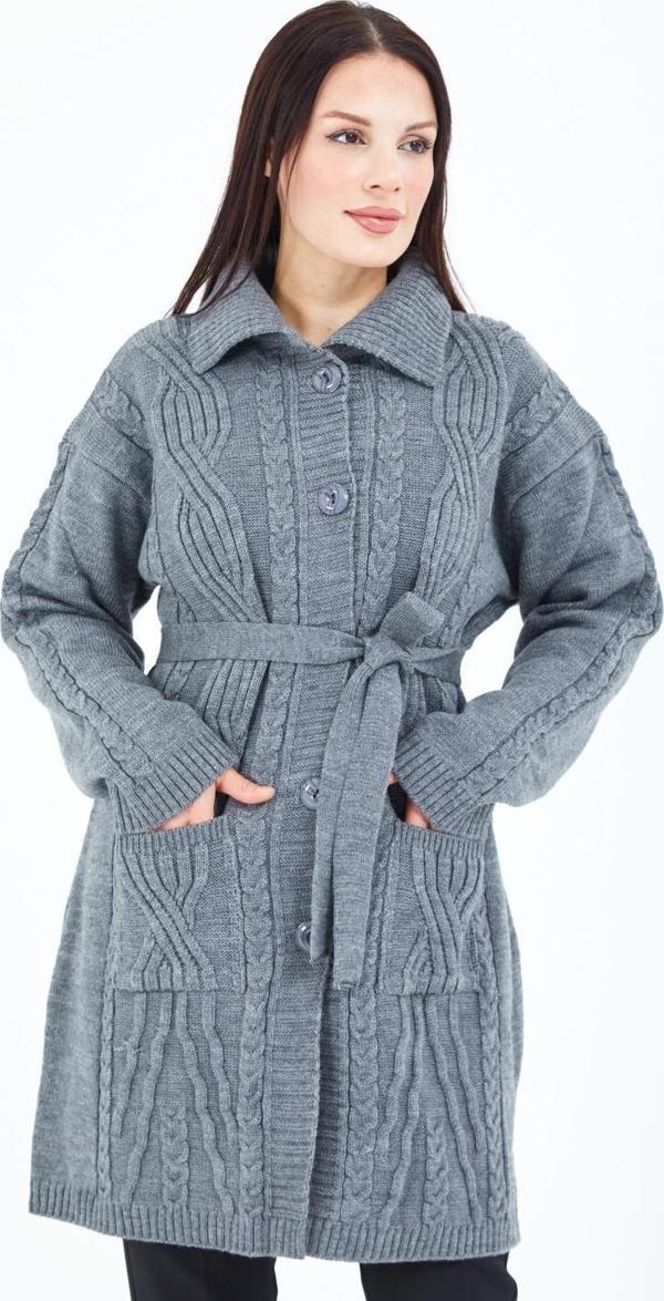 Kadın Gri Yakalı Düğmeli Cepli Kuşaklı Örme Triko Yün Uzun Hırka - Image 1