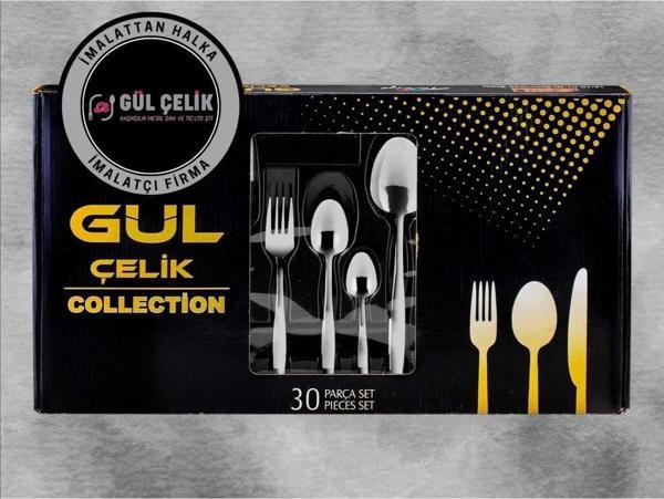 Gül Çelik 30 Parça 6 Kişilik Çatal Kaşık Seti Sade Model 18/0 Kalite Kutulu - Image 1