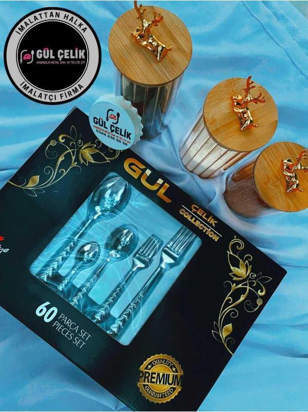 Gül Çelik 60 Parça 12 Kişilik Çatal Kaşık Seti Kalpli Model Kutulu 18,0 Kalite - Image 1
