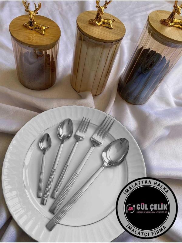 Gül Çelik Çatal Kaşık Seti 12 Kişilik 60 Parça Hasır Model 18/0 Kalite - Image 1