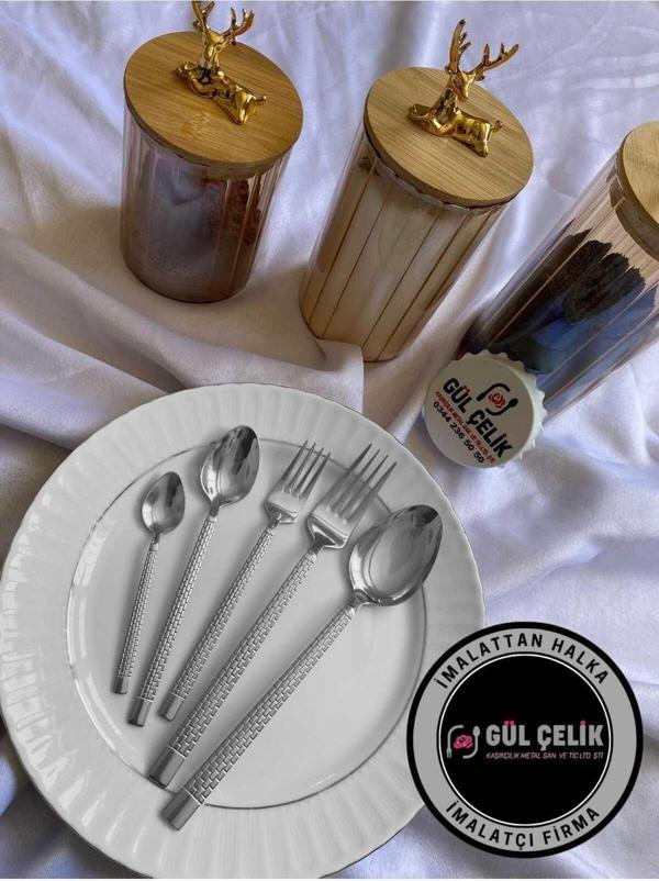 Gül Çelik Çatal Kaşık Seti 30 Parça 6 Kişilik Taş Model 18,0 Kalite - Image 1