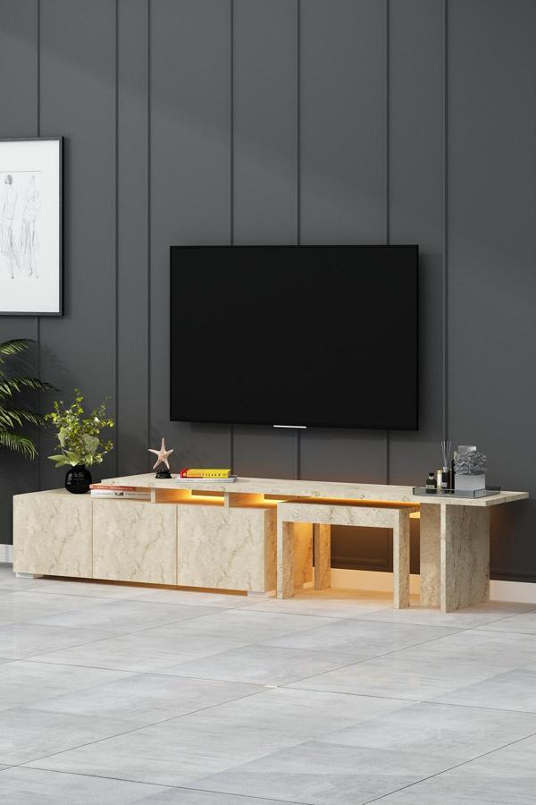 Monza Led Işıklı 180 Cm Sehpalı Traverten Tv Ünitesi - Image 1