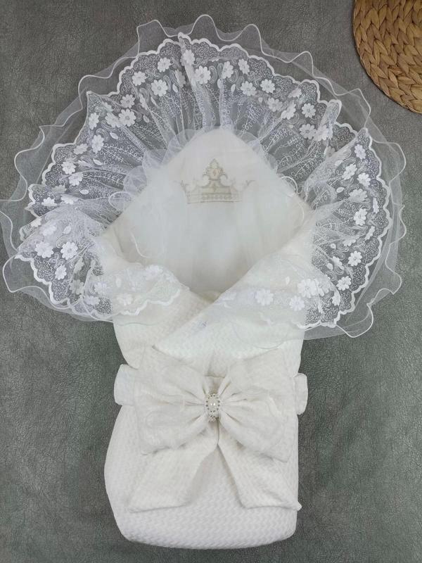 Yenidoğan Kumru Soft Cotton Taç Nakışlı Trilüks Kundak Bebek Battaniyesi Ekru - Image 1