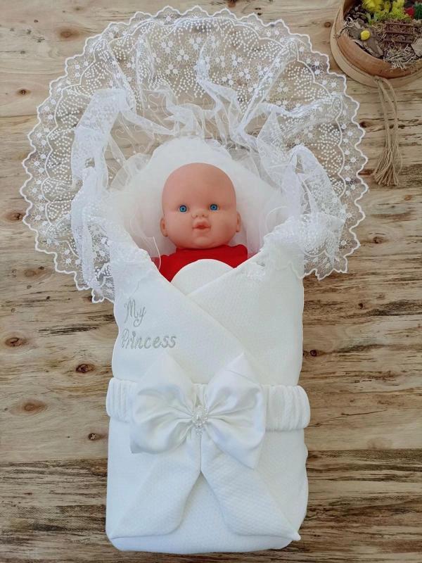 Yenidoğan Sahra My Princess Nakışlı Lüks Kundak Bebek Battaniyesi Ekru - Image 1