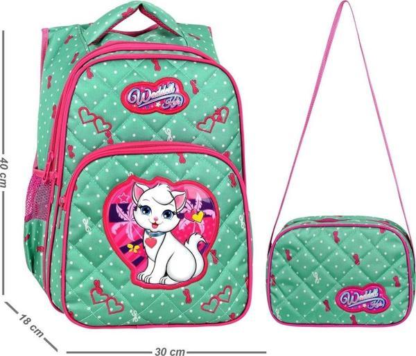 WADDELL Mint Yeşili Kedi Desenli Embos Ilkokul Çantası Beslenme Çantalı 24002 - Image 1