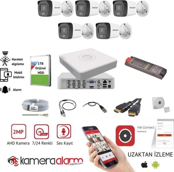 Hikvision 5 Kameralı Dahili Mikrofonlu 7/24 Renkli Güvenlik Kamerası Seti - Uzaktan Izleme - 1Tb Hdd - Image 1