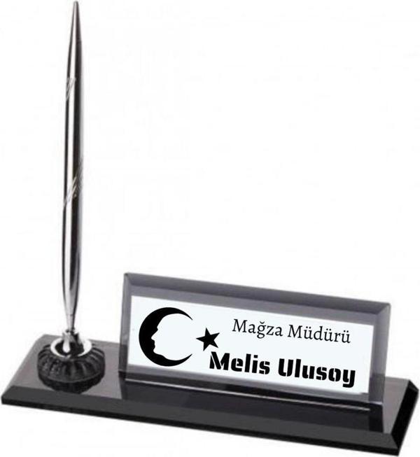 Kişiye Özel Ay Yıldız Temalı Kristal Kalemli  Masa İsimliği - Image 1