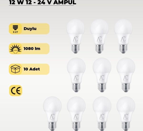 12W 12-24V  Ampul 6500K - Beyaz Işık - E-27 Duy - 10 ADET - Image 1