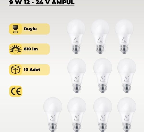 9W 12-24V  Ampul 6500K - Beyaz Işık - E-27 Duy - 10 ADET - Image 1