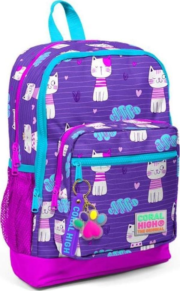 Coral High Kids Mor Pembe Kedi Desenli Dört Bölmeli USBli Okul Sırt Çantası 23264 - Image 1